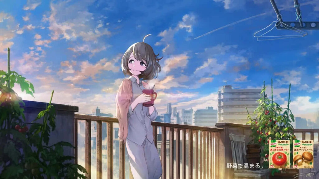Serene Anime Girl on Rooftop: Calming Wallpaper with Cityscape