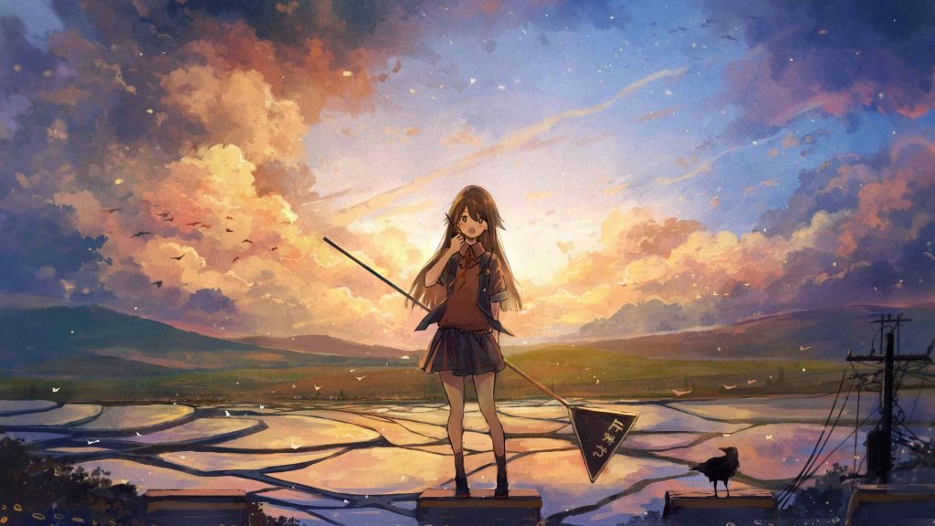 Anime girl holding Japanese Stop sign in flooded rice paddy at sunset with raven wallpaper background