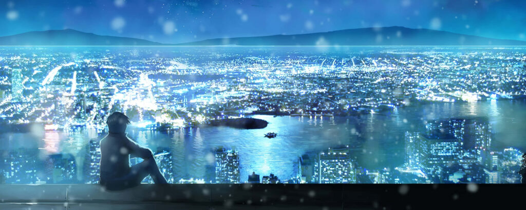 Serene Anime-Inspired Cityscape Wallpaper Background at Night