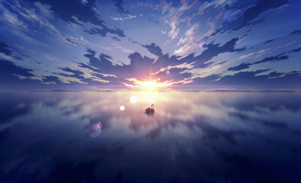 Serene Anime Landscape HD Wallpaper: Sunset & Tranquil Lake