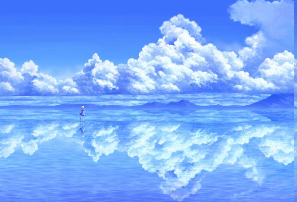 Anime girl on mirrored surface under bright blue sky with fluffy white clouds surreal wallpaper