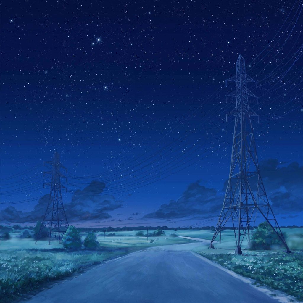 Anime-style digital art of a winding rural road and electrical pylons under a starry night sky Wallpaper