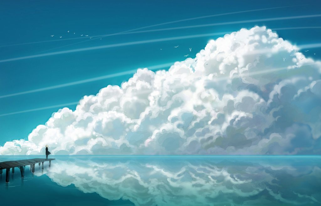 Anime landscape wallpaper with lone figure on pier under bright clouds and reflective sea