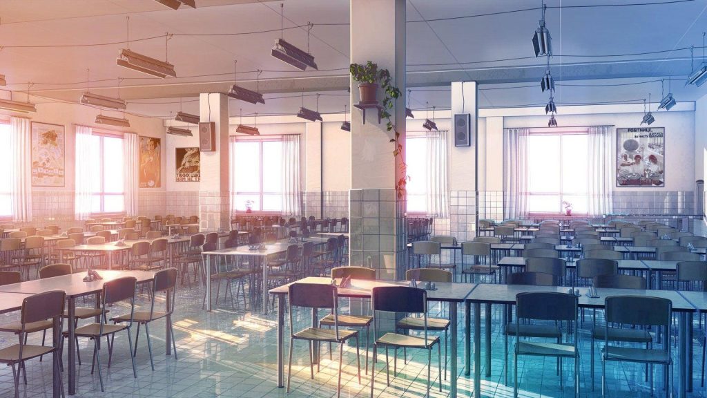 Serene anime-style empty school cafeteria at sunset with vintage Soviet posters and tiled floors Wallpaper