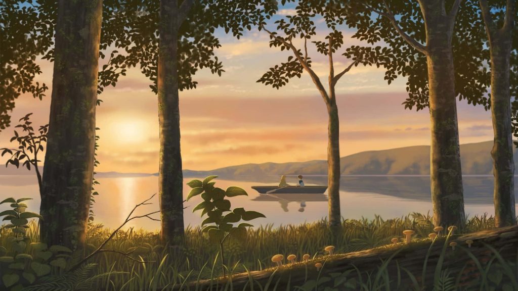 Anime-style sunset lake scene with two figures in rowboat framed by trees and mushrooms Wallpaper