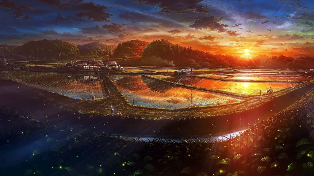 Serene anime sunset over Japanese rice paddies with hills cyclist figure dog fireflies wallpaper