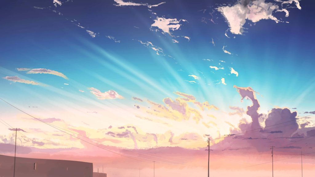 Anime sunset wallpaper with pink orange sky sun rays clouds and silhouetted utility poles