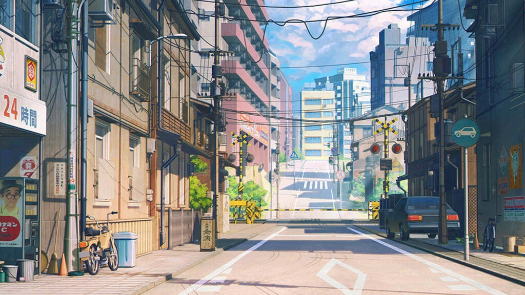 Serene Anime Tokyo Street Scene - Morning Wallpaper Background