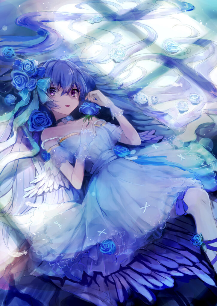 Serene Anime Wallpaper: Angelic Girl in Blue Dress with Roses