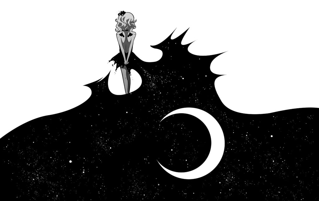 Serene Anime Wallpaper: Lone Character on Dark Wave with Crescent Moon