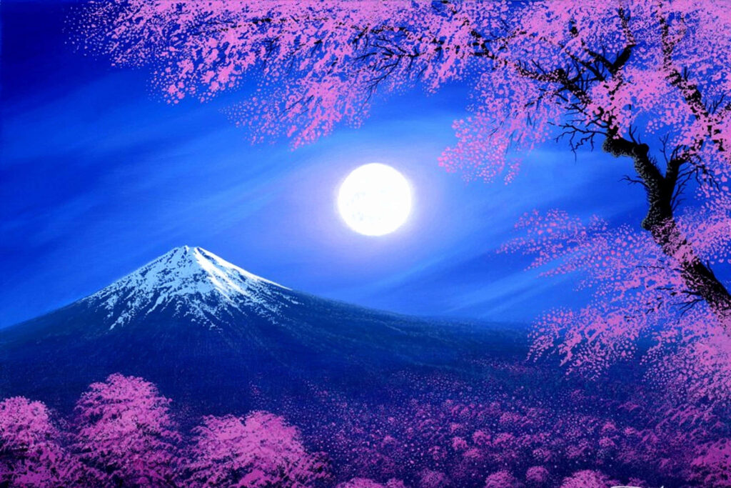 Tranquil Anime Wallpaper: Cherry Blossoms & Snow-Capped Mountain
