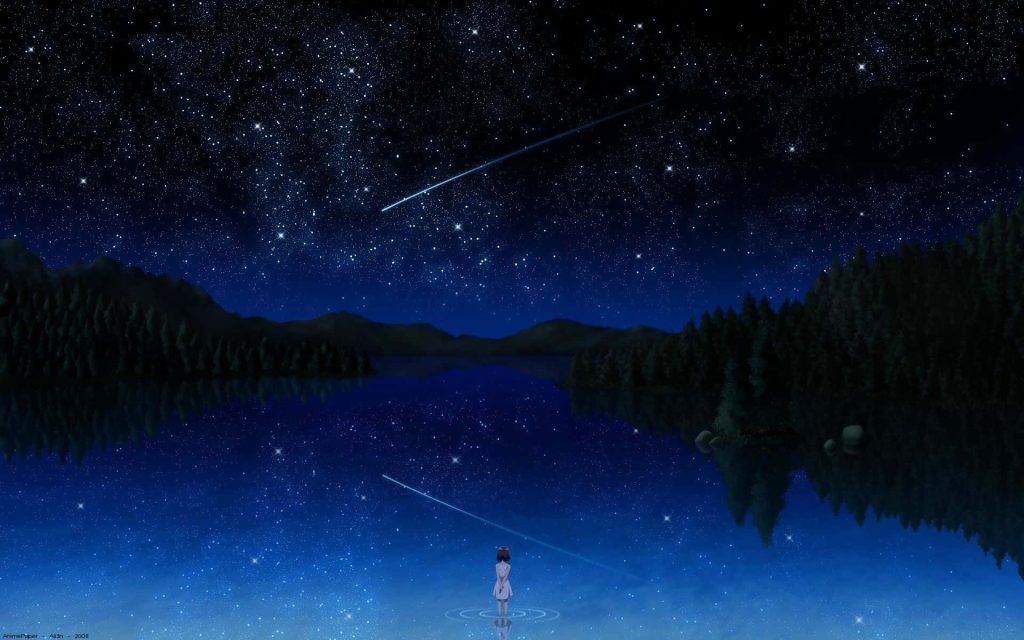 Anime girl in reflective lake under starry sky with shooting stars and silhouetted mountains Wallpaper
