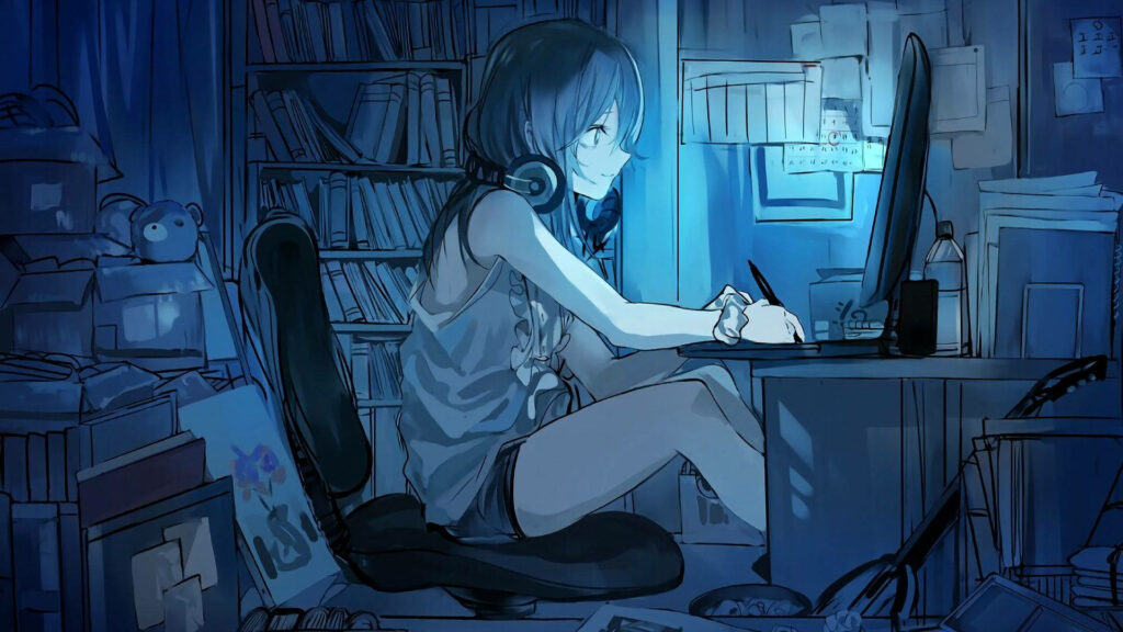 Serene Anime Wallpaper: Girl Focused by Laptop in Dimly Lit Room