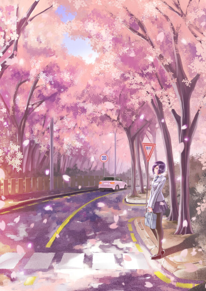 Serene Anime Wallpaper: Girl Amidst Blooming Sakura Trees