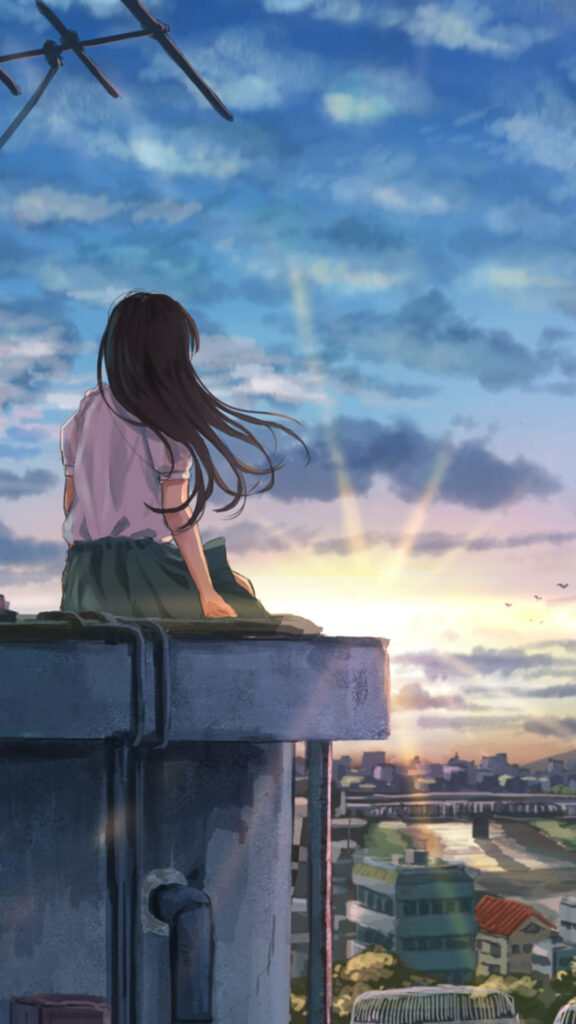 Serene Anime Wallpaper: Girl on Rooftop Enjoying Sunset Bliss