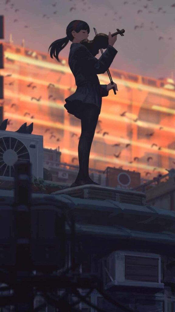 Anime Wallpaper: Girl Playing Violin at Sunset on Rooftop