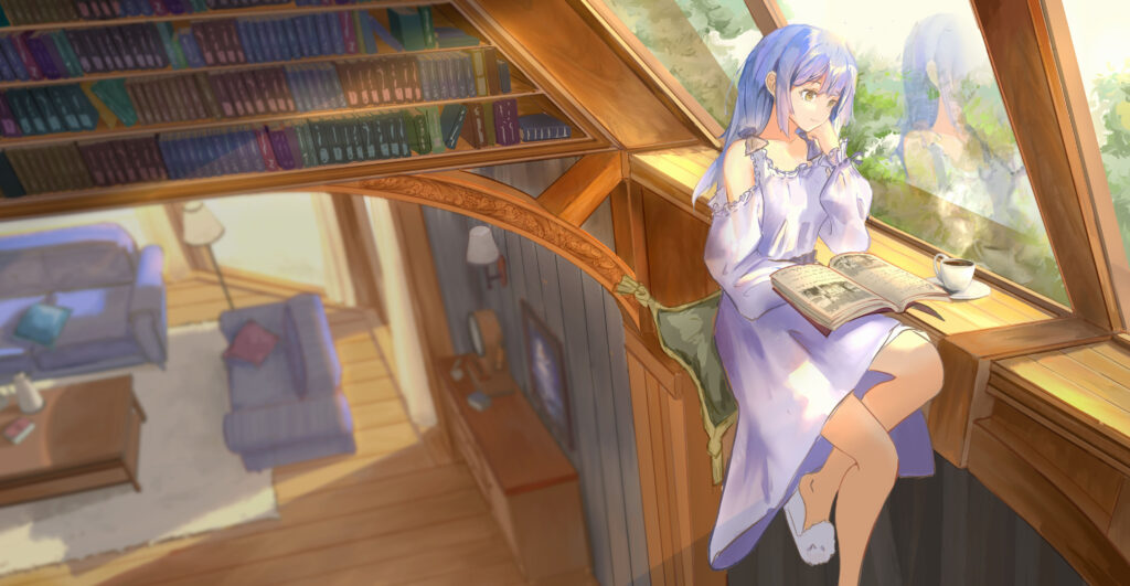 Serene Anime Wallpaper: Girl Reading by Sunlit Window