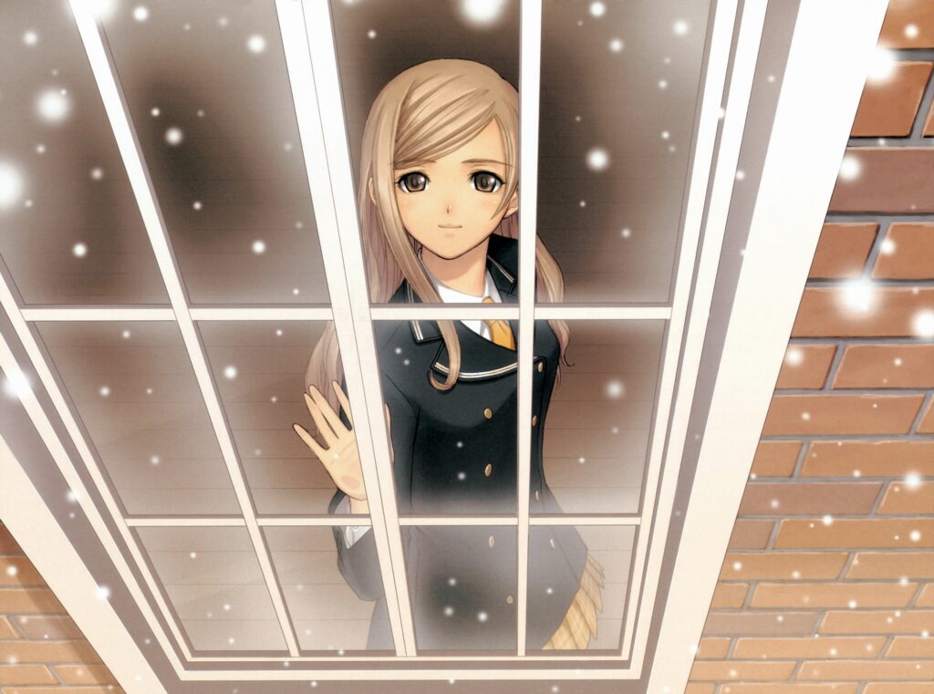 Cozy Anime Wallpaper: Girl Smiling by Window with Falling Snow