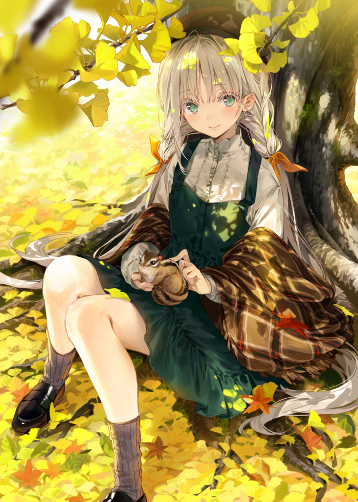 Whimsical Anime Artwork: Serene Girl Beneath Sprawling Tree Wallpaper
