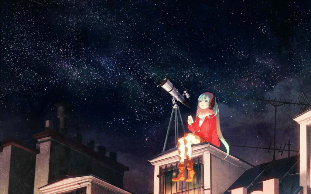 Serene Anime Wallpaper: Girl Stargazing on Rooftop at Night