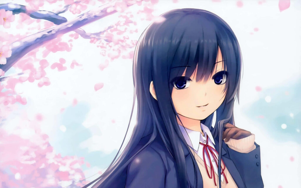 Elegant Anime Wallpaper: Pretty Girl Beneath Cherry Blossom Tree