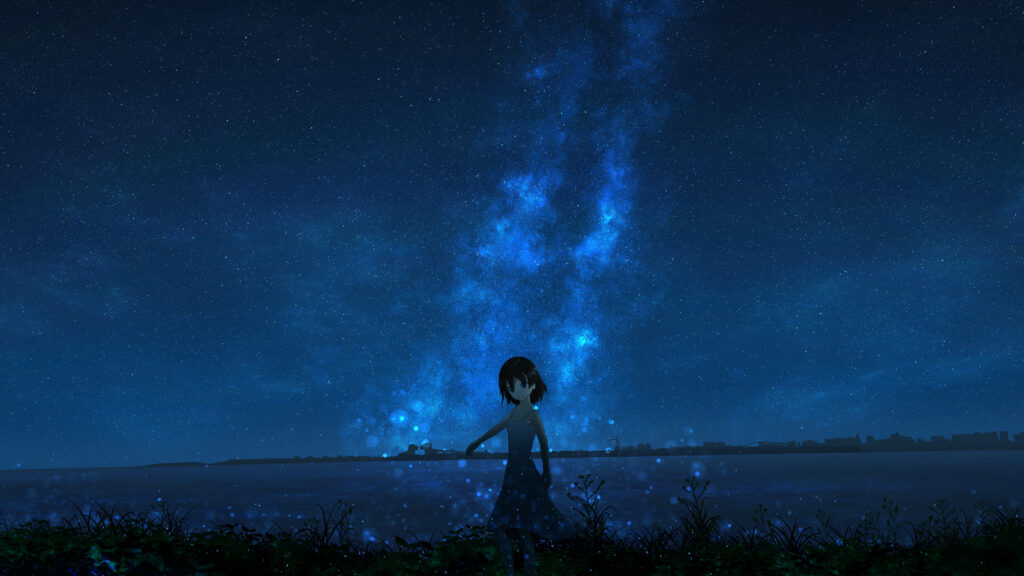 Enchanting Anime Wallpaper: Girl Under Starry Night & Water Glow