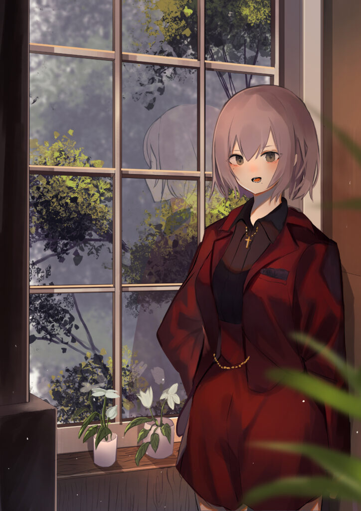 Serene Anime Girl Wallpaper: Red Costume Reflection by Window