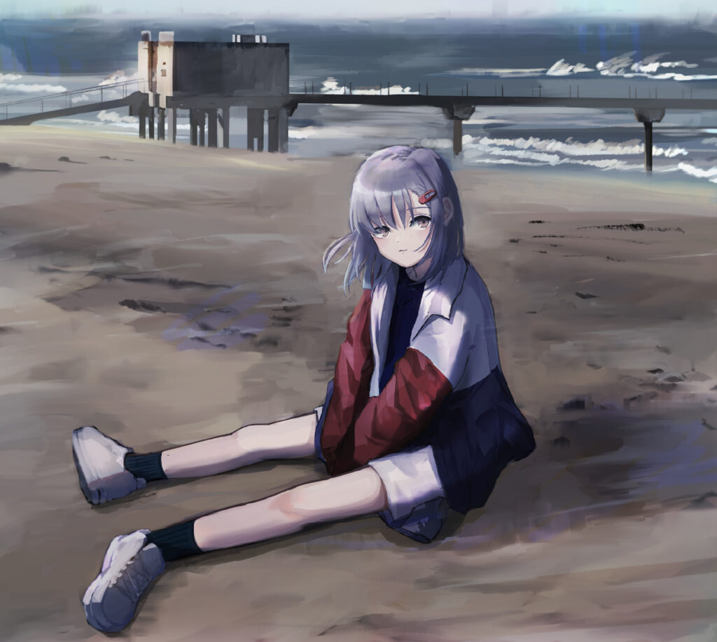 Serene Anime Wallpaper: Girl on Beach in Colorful Jacket