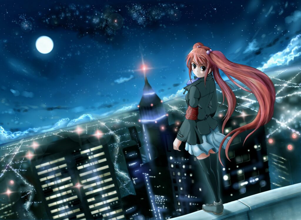 Anime Rooftop Escape: Serene City Night Wallpaper with Girl & Moon
