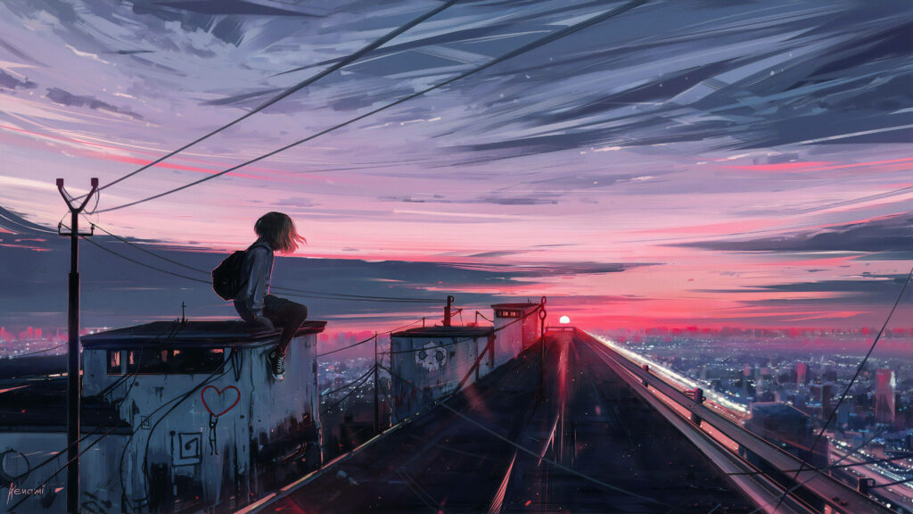 Serene Anime Girl on Rooftop at Sunset - Dreamy Wallpaper Background