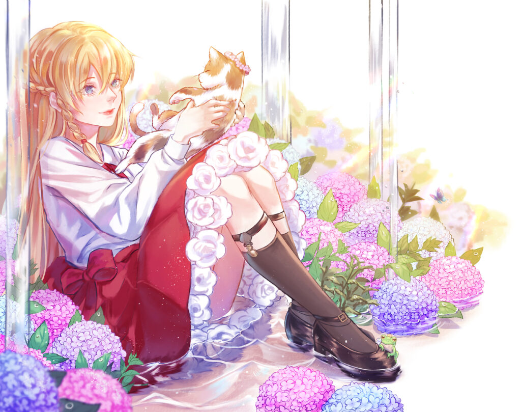 Serene Anime Wallpaper: Girl, Cat & Vibrant Hydrangeas in Pastels