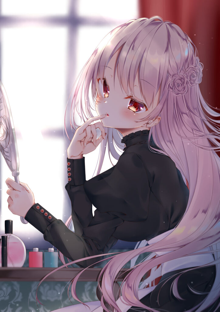 Serene Anime Girl with Roses, Big Eyes, and Elegant Background Wallpaper