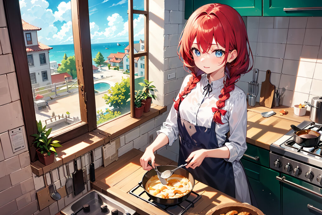 Coastal Kitchen Bliss: Anime Girl Baking a Pie in Sunlit Style Wallpaper