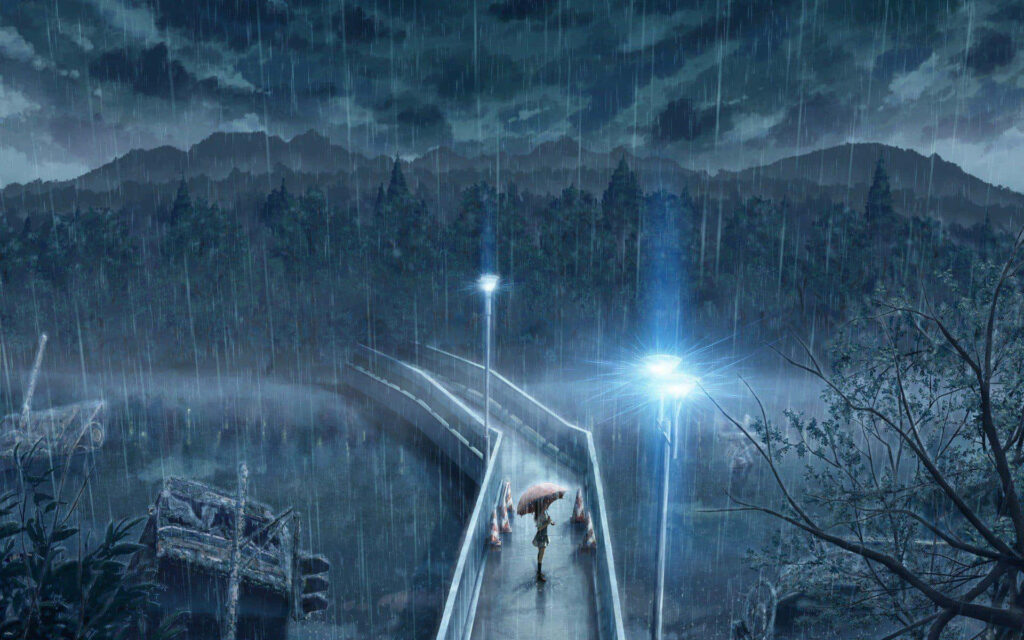 Serene Anime Wallpaper: Rainy Bridge Scene with Umbrella