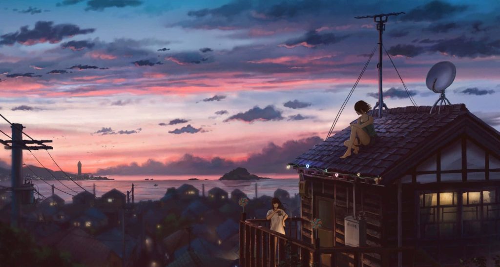 Calm anime wallpaper of two girls relaxing on rooftop at twilight with coastal town view