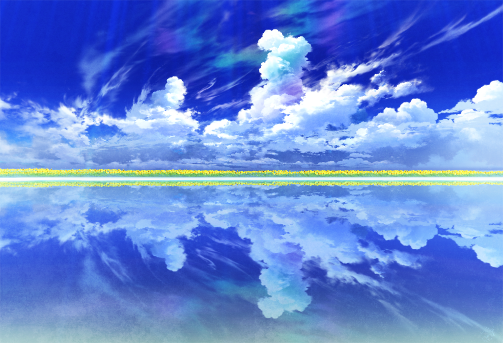 Anime-style digital art of yellow flower field reflecting in calm water under bright sky Wallpaper