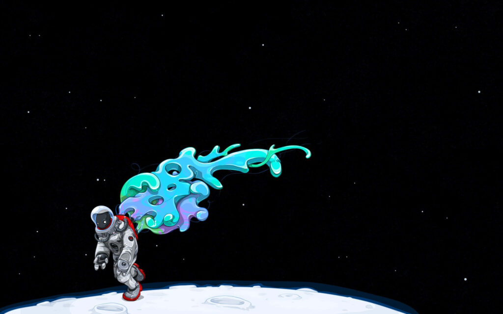 Minimalist Astronaut Moon Scene with Colorful Smoke Wallpaper