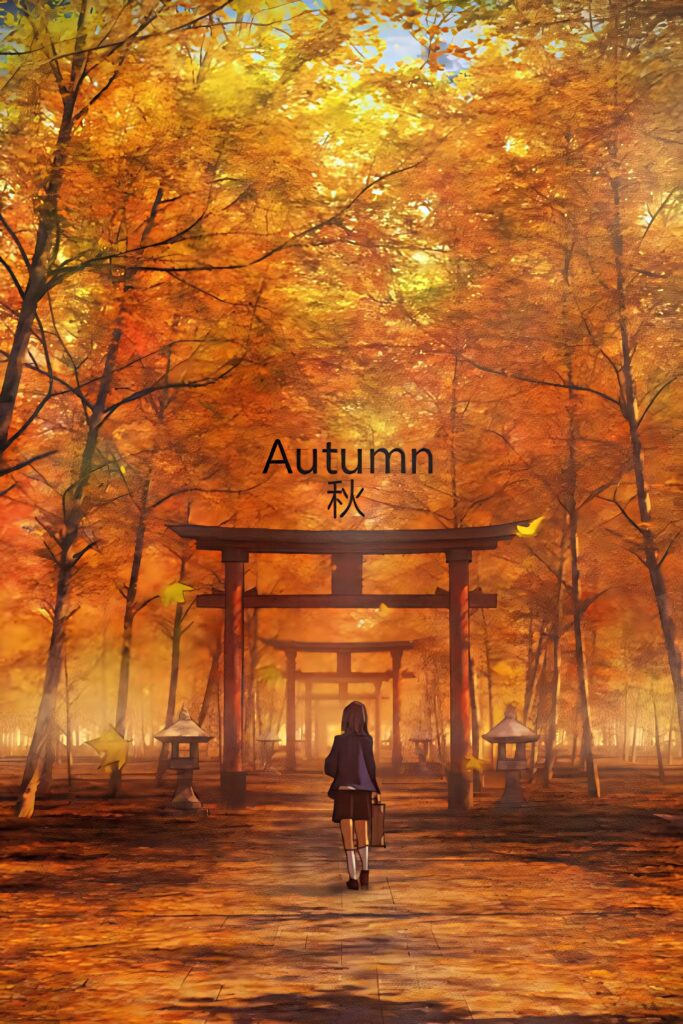 Serene Autumn Anime Wallpaper: Girl, Torii Gate & Vibrant Foliage