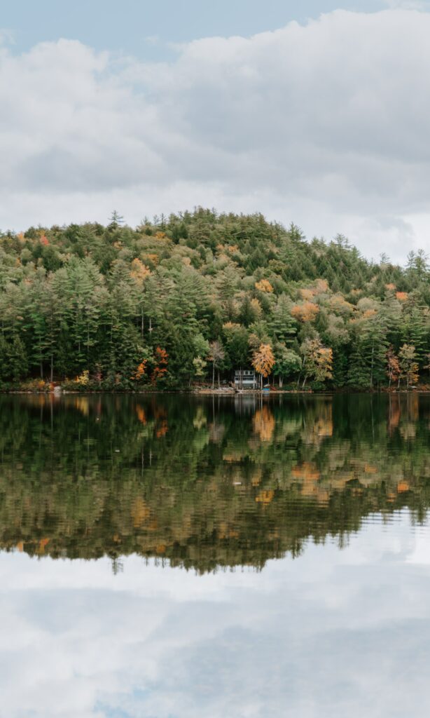 Serene autumn forest with colorful foliage reflecting on calm lake under cloudy sky wallpaper