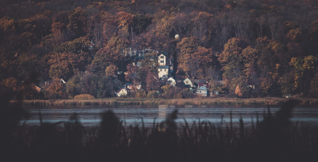Serene lake reflecting dense forest and autumn trees with quaint buildings in moody landscape Wallpaper