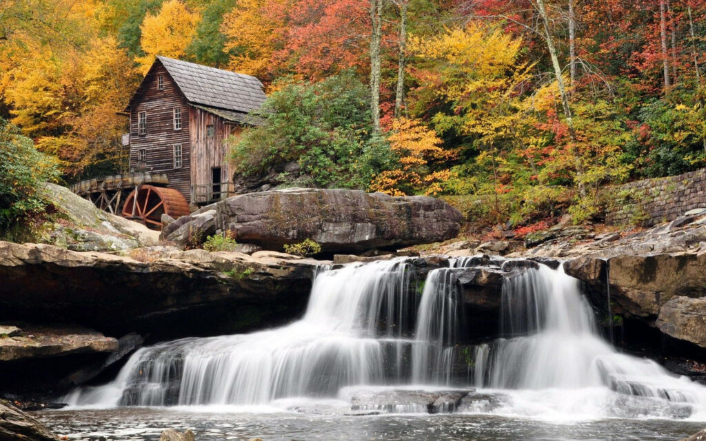 Serene Autumn Landscape Wallpaper with Rustic Mill & Waterfall