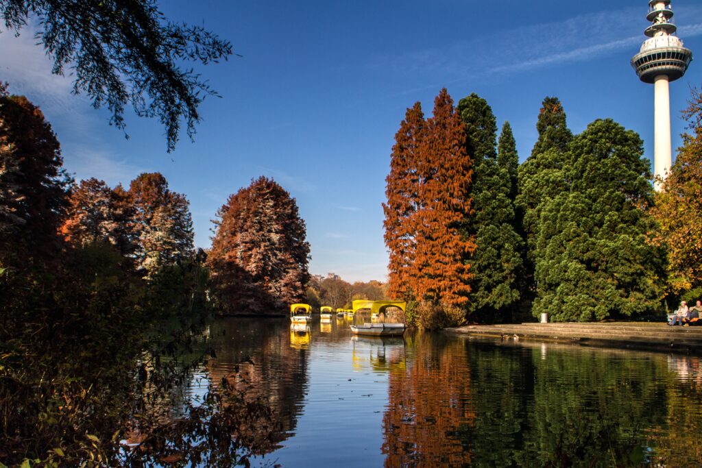 Autumn park with vibrant orange green trees reflecting in lake and yellow pedal boats under blue sky Wallpaper