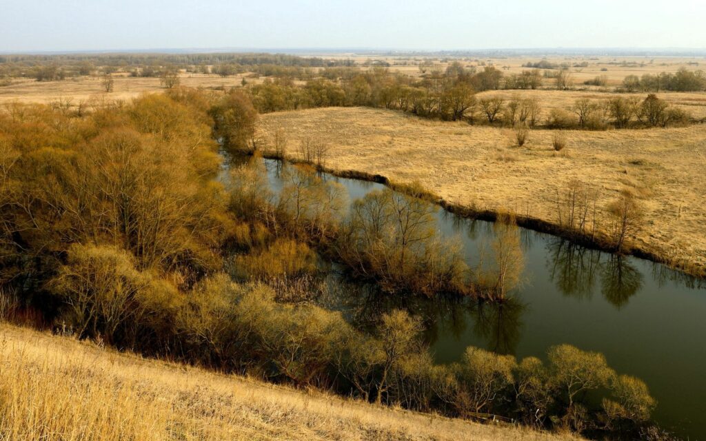 Serene autumn river winding through golden fields and leafless trees in rural Russia landscape Wallpaper