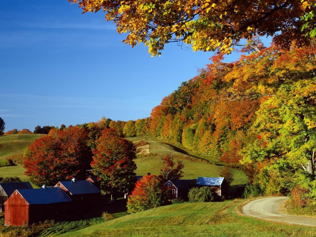 Peaceful autumn village with vibrant fall trees rolling meadows and charming rustic houses wallpaper