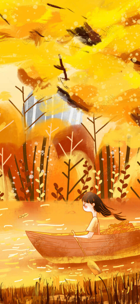 Serene Autumn Wallpaper: Anime Girl Rowing in a Golden Landscape