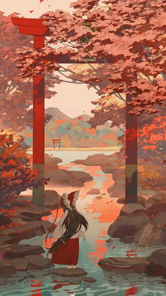 Serene Autumn Anime Girl Wallpaper with Torii Gate & Fall Foliage
