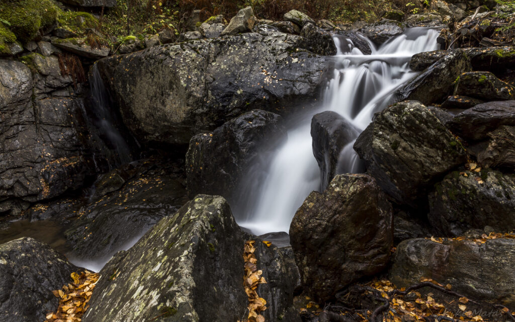 Serene waterfall over mossy stones with autumn leaves rich earthy tones soothing nature scene Wallpaper