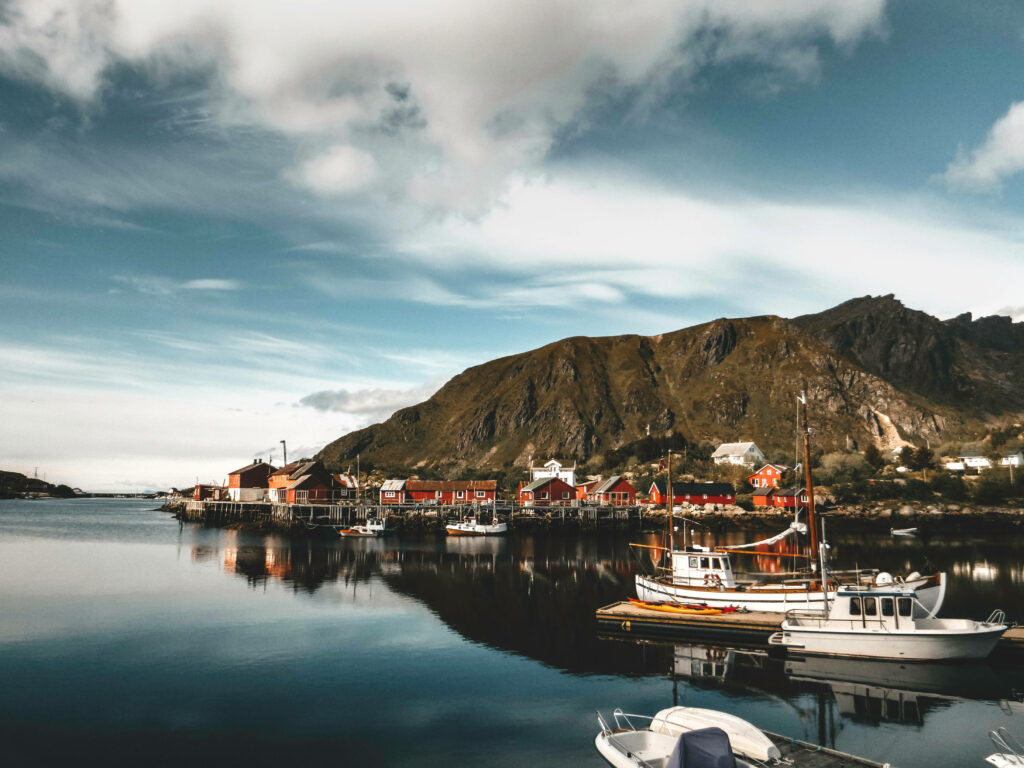 Ballstad Fishing Village: Colorful Houses & Majestic Mountain View Wallpaper