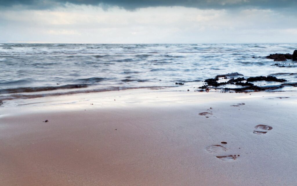 Footprints on sandy beach under cloudy sky with gentle waves reflecting journey and solitude Wallpaper