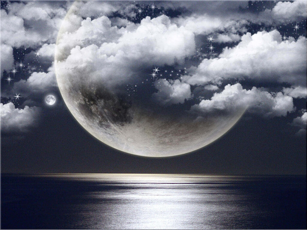 Serene Beach Night Wallpaper: Glowing Moon & Twinkling Stars